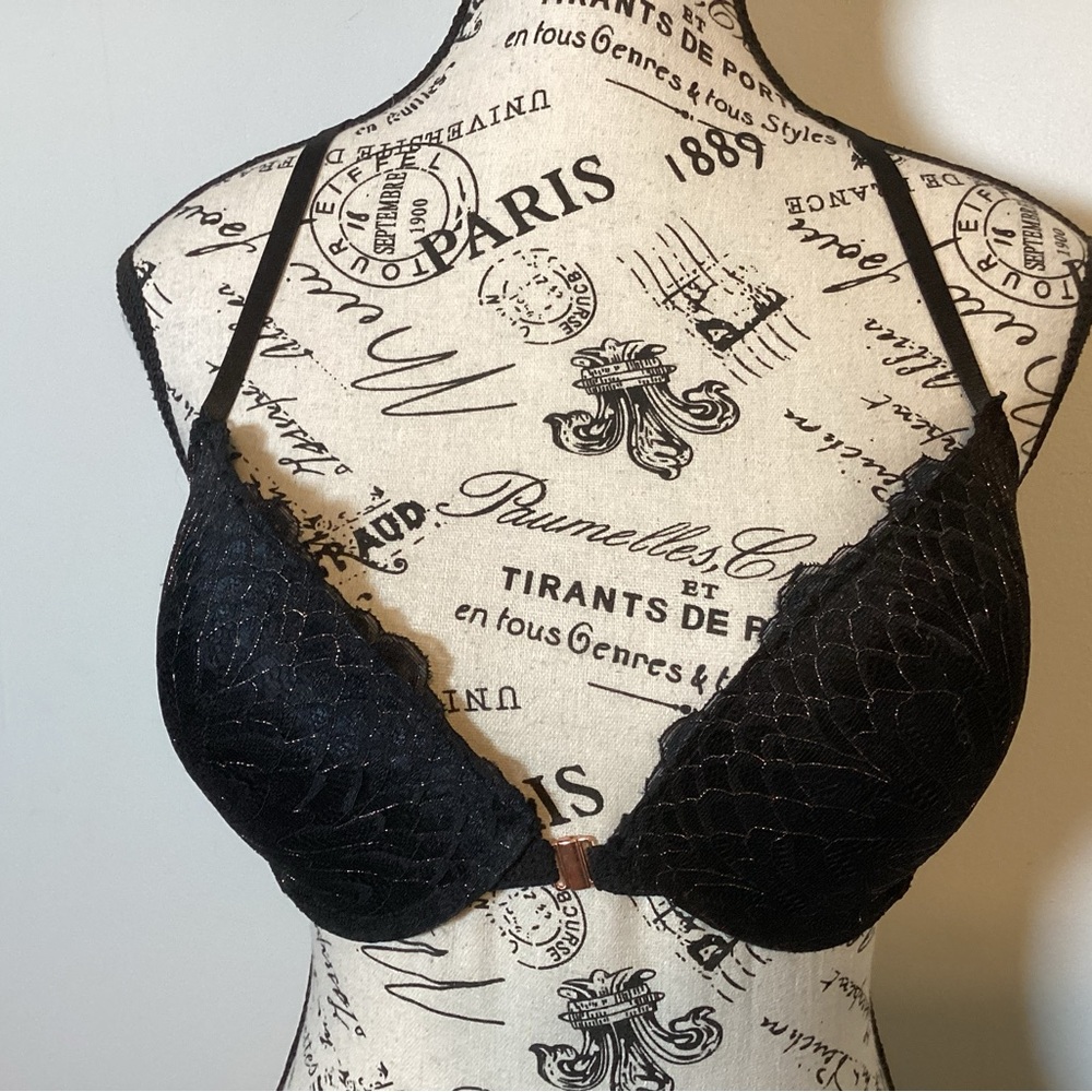 NANETTE LEPORE BLACK W/GOLD SPARKLE DESIGN PADDED RACERBACK MESHED BRA 38C